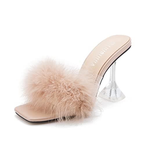 LIURUIJIA Women's Fluffy High Heels for Wedding Party — Nude