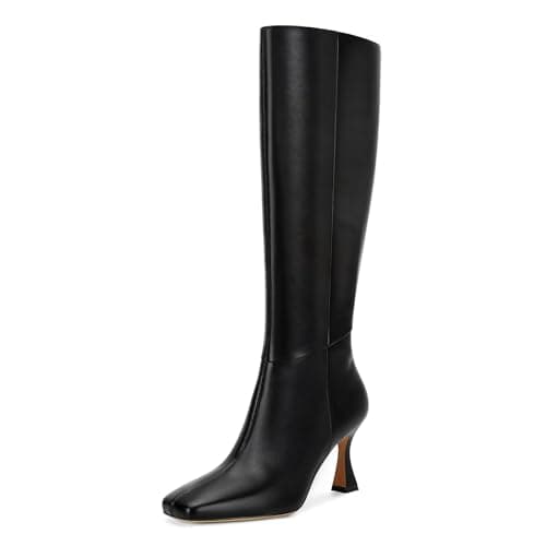 Devht Black Leather Knee High Stiletto Boots for WomenSexy Square Toe & Zipper DesignFashion