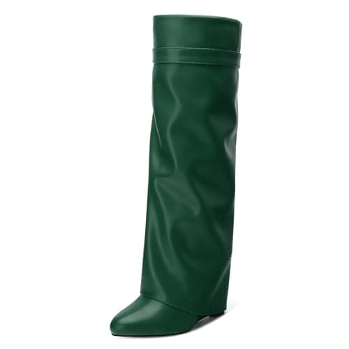 DEMOSHINE Women's Knee High Zipper Fold Over Wedge Heel Boots — Dark Green