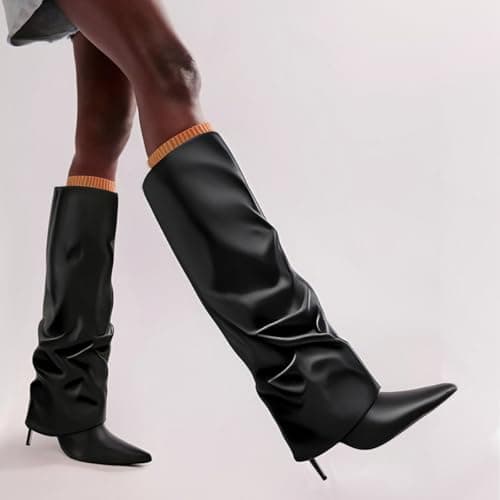 MOTIMODEN Women's Knee High Black & White Pointed Toe Fold-Over Zipper Boots