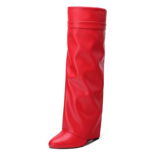 DEMOSHINE Women's Knee High Zipper Fold Over Wedge Heel Boots — Red