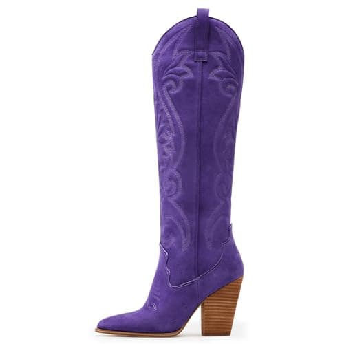 WIRALOMI Women's Embroidered Knee High Cowboy Boots with Chunky Heel — Faux Suede Purple