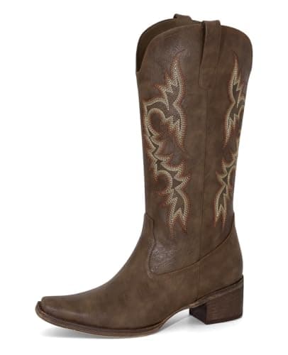 MISSMILLER Women's Embroidered Square Toe Cowboy Cowgirl Boots Western Mid Calf Heel — Brown