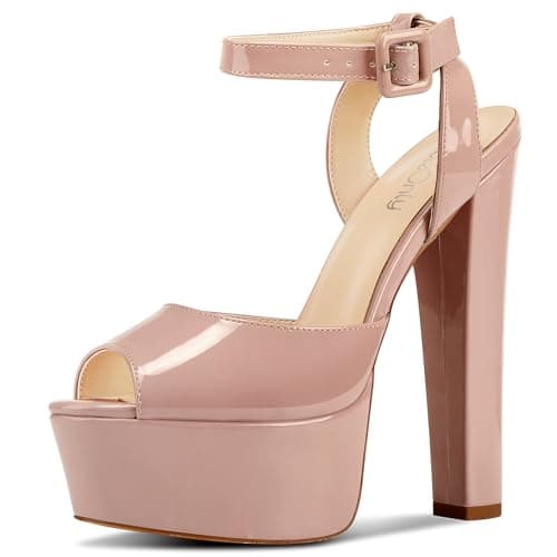NobleOnly Women's High Block Platform Prom Heels Ankle Strap Sandals 5.9" Heels — Nude