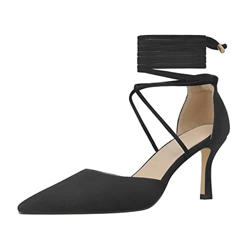 Richéalnini Women's Lace-Up Pointed Toe Stiletto Heels for Wedding & Party — Suede Black