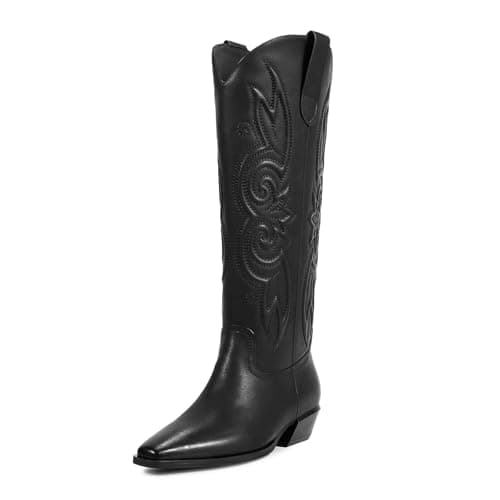 ISNOM Western Cowboy Boots for Women Knee High Square Toe Low Heel — Black