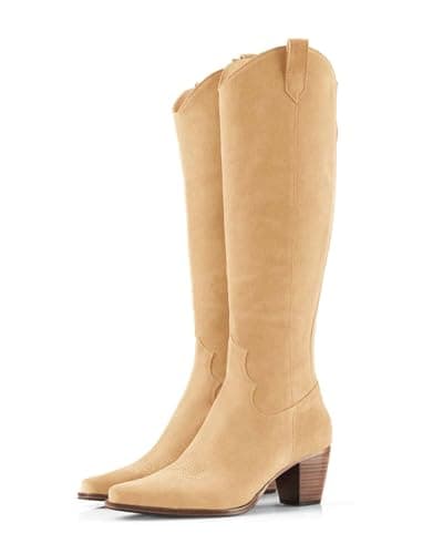 Rilista Women's Cowboy Knee High Tall Riding Boots with Chunky Heel — Khaki