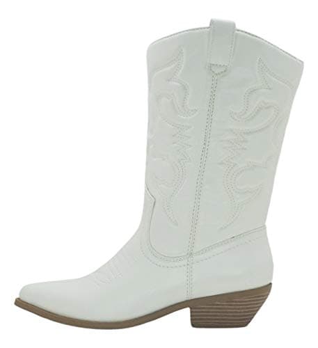 Women's Western Cowboy Boots - Pointe Toe Low Heel Ankle Mid Shaft Soda RENO — White