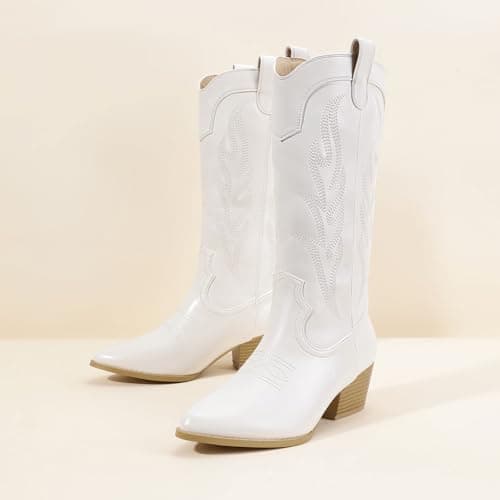 IDIFU IN2 Mid Calf Cowboy Boots for Womenchunky Low Heel Western Embroidery