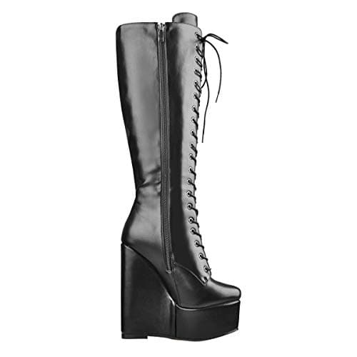 Richealnana Women's Black PU Knee High Zipper Wedge Heel Boots US 7