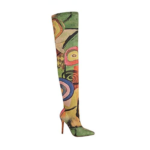Vivianly Women's Printed Stretch Thigh High Booties Pointy Stiletto Heel