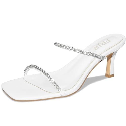 FRJR Women's Sparkly Rhinestone Kitten Heel Sandals with Stiletto Strap for Party Prom Wedding — White