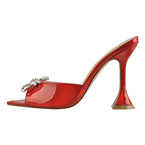 Richealnana Women's Pointed Toe Bow-knot Rhinestone Slip-On Mule Sandals — Red