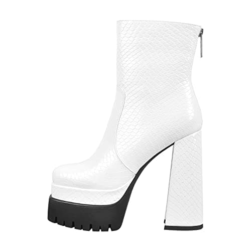 Richealnana Women's Chunky Heel Snake Print Zipper Ankle Boots — White
