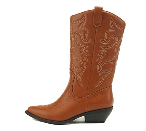 All-White Soda Red Knee High Cowboy Boots with Pull-On Tabs — Cognac