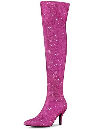 Allegra K Women's Glitter Knee High Stiletto Heel Boot — Hot Pink
