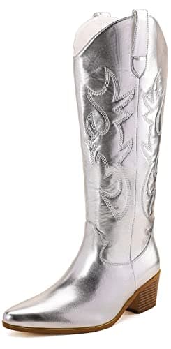Stalov Western PointedToe Chunky Heel Knee High Cowgirl Boots — Silver