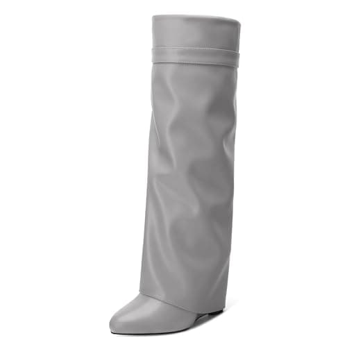 DEMOSHINE Women's Knee High Zipper Fold Over Wedge Heel Boots — Grey