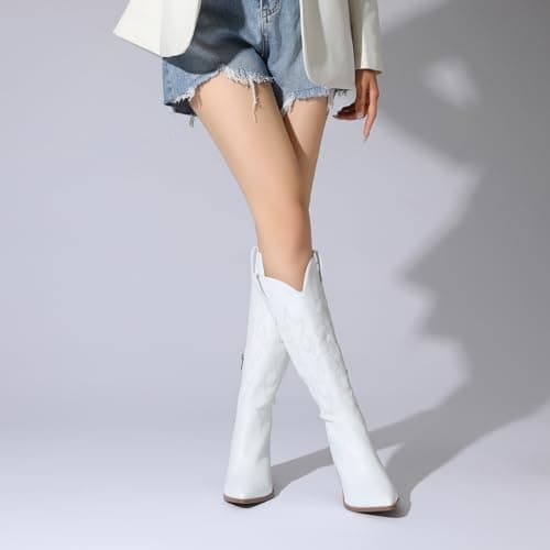 Eurouram Women's Embroidered Pointy Toe Knee High Western Boots
