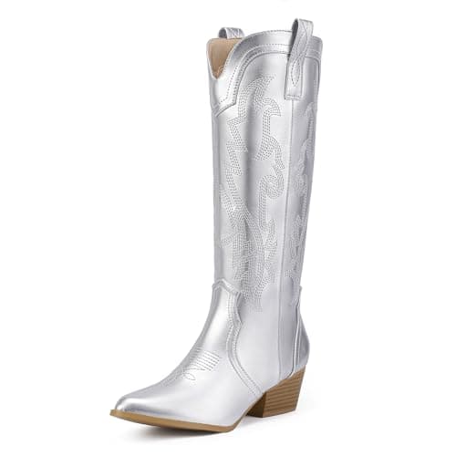 IDIFU IN2 Women's Embroidered Cowgirl Knee-High Western Boots — Silver