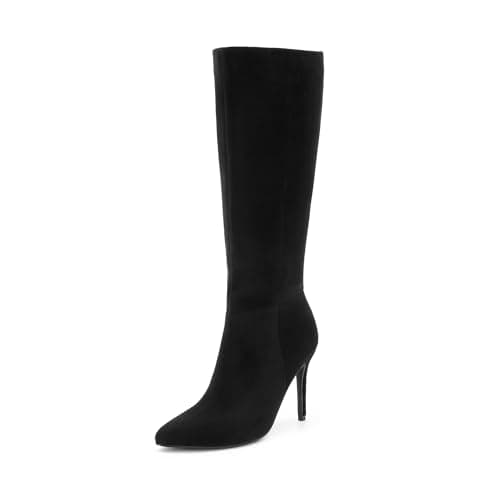 Dream Pairs Women's Pointed Stiletto Boots: Fashion & Classic Knee-High Heels — Black-suede
