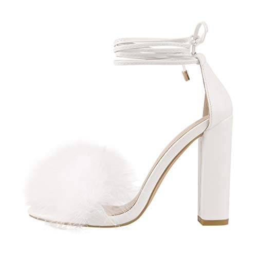 Richealnana Women's Fuzzy Cozy Strappy Feather Heeled Sandals — White