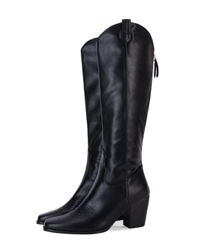 Rilista Women's Cowboy Knee High Tall Riding Boots with Chunky Heel — Black