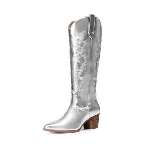 Dream Pairs Western Cowboy Boots for Women - Comfortable Knee High Zipper Heels — Silver-metal