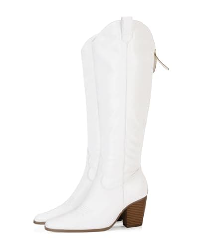 Rilista Women's Cowboy Knee High Tall Riding Boots with Chunky Heel — White