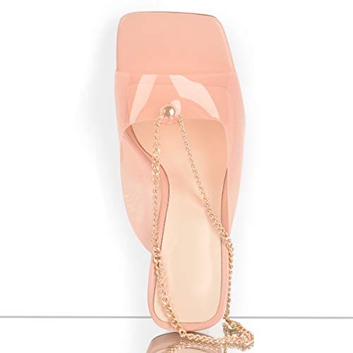 Richealnana Women's Square Toe Clear Block Heel Chain Sandals