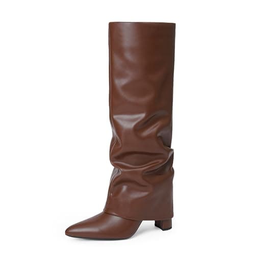 Modatope Chunky Heel Knee High Zipper Boots for Women — Brown Slouchy