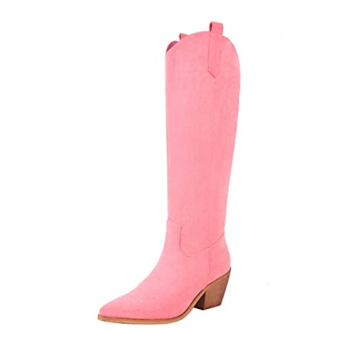 Reitoye Women's Embroidered Western Knee High Boot with Pull-Up Tabs — Pink Suede