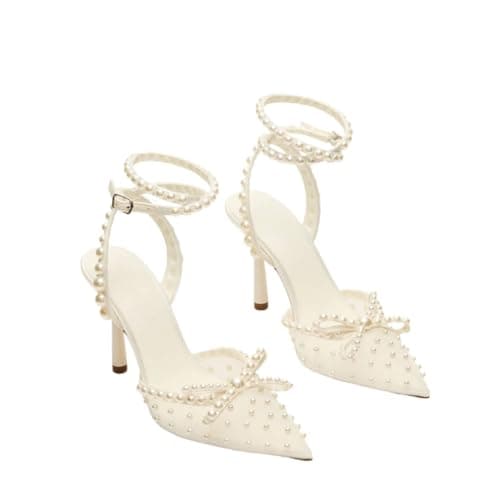 Richealnana Women's Pearl Pointed Toe Stiletto Heel Bridal Sandals