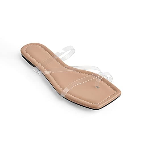 Richealnana Women's Clear Straps Square Toe Flat Sandals