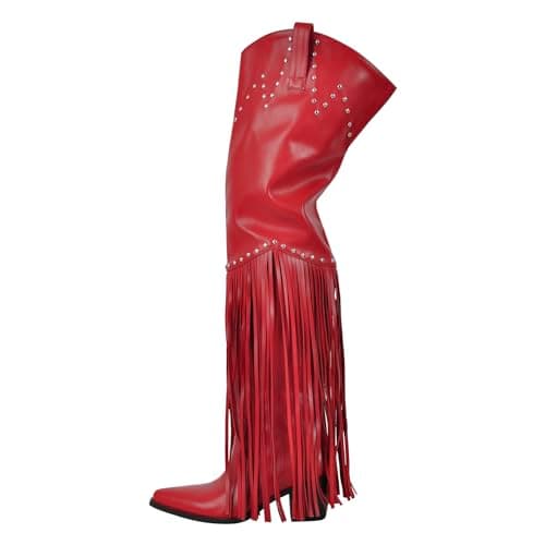 Richealnini Fringe Thigh High Zip-Up Western Boots