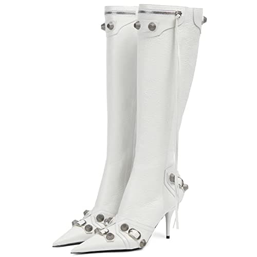 Kluolandi Women's Tassel Pointy Toe Knee High Stiletto Heel Booties — White