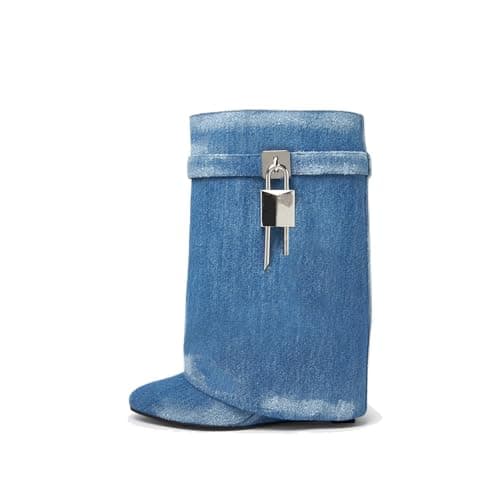 Black Heeled PadLock Pant Knee High Boots - Fold Over Wedge Booties — Short Denim