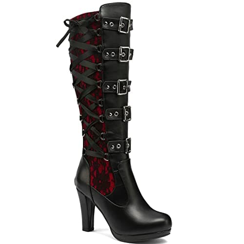 KysBloes Women's Goth Lace Knee High Boots with Buckle Heel