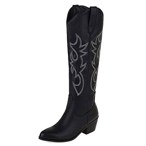 AMINUGAL Women's Black Western Knee High Cowgirl Boots, Embroidered, Chunky Heel, 13.77 inches — C-black