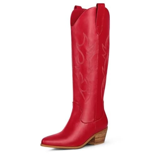 Ouepiano Women's Knee High Embroidered Cowboy Boots — Red