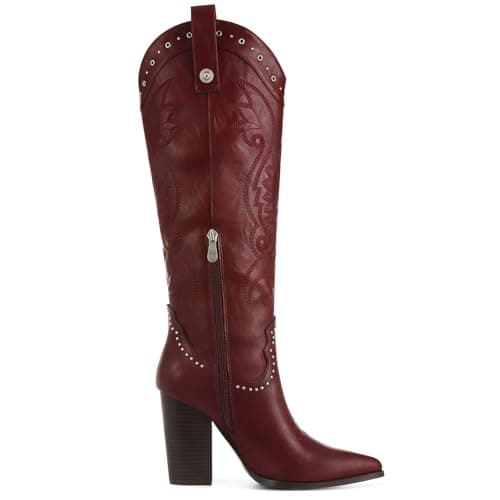 VOMIRA Women's Pointed Toe Chunky Heel Embroidered Knee High Cowboy Boots — Burgundy