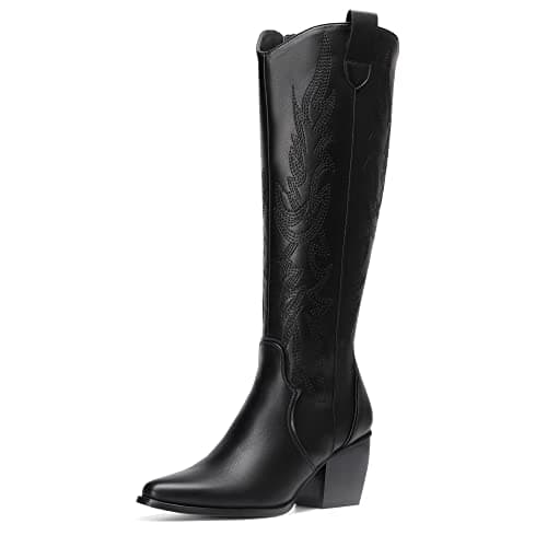 Womens Cowboy Boots - Comfortable, Chunky Heel, Pointed Toe, Embroidered Western Cowgirl Knee High Boots