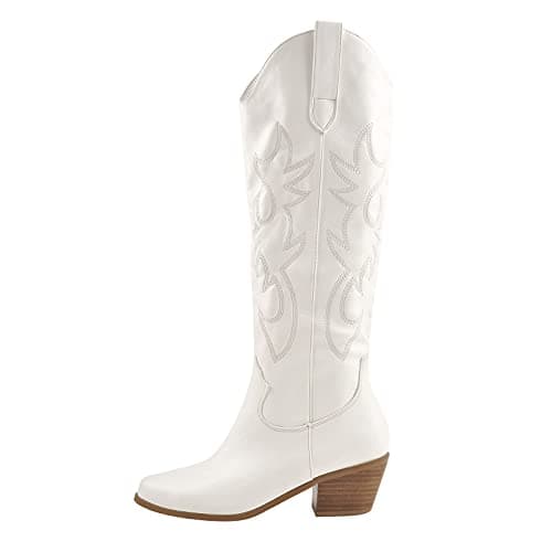 Richealnana Women's Cowgirl Short Embroidered Boots with Chunky Heels — White-2