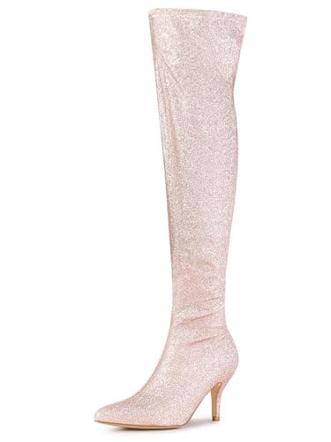 Allegra K Women's Glitter Knee High Stiletto Heel Boot — Light Pink