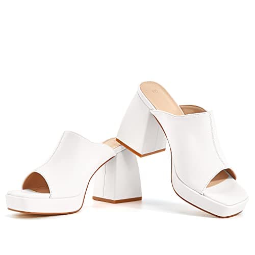 Coutgo Womens Chunky Platform Block Heel Slip-On Sandals — White