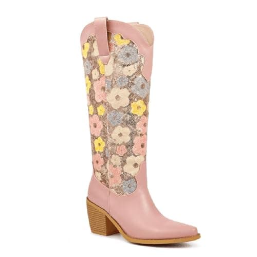 Richealnana Women's Floral Embroidered Western Cowgirl Boots