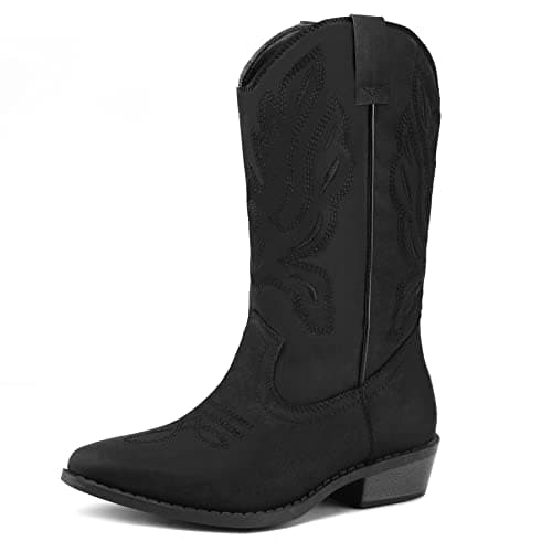 Mysoft Women's Cowboy Boots Embroidered Mid-Calf Pointed Toe — Black