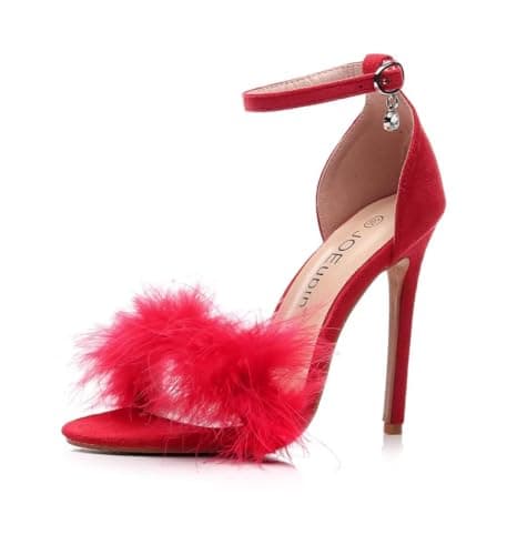 JOEupin Women's Fluffy Marabou Heel Strappy Sandals with Fur — Red