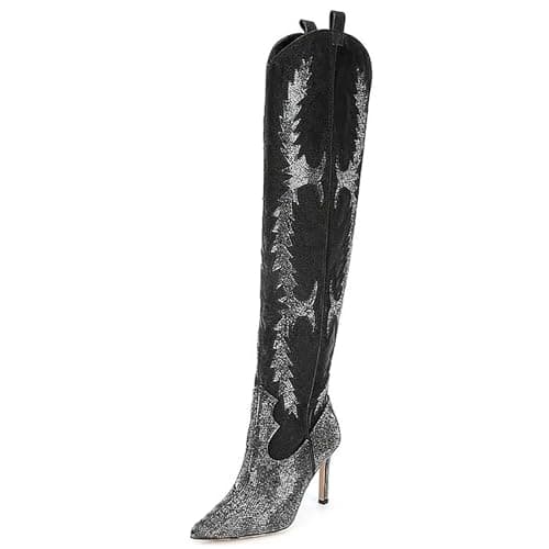 Sparkly Rhinestone Over Knee Boots for Women — Black