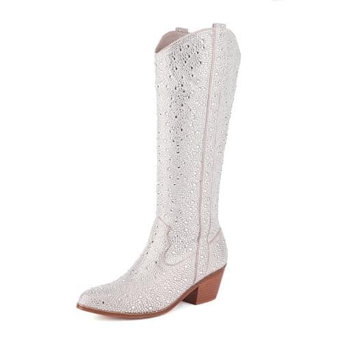 XEYANFYS Women's Sparkly Rhinestone Western Mid Calf Boots — Silver